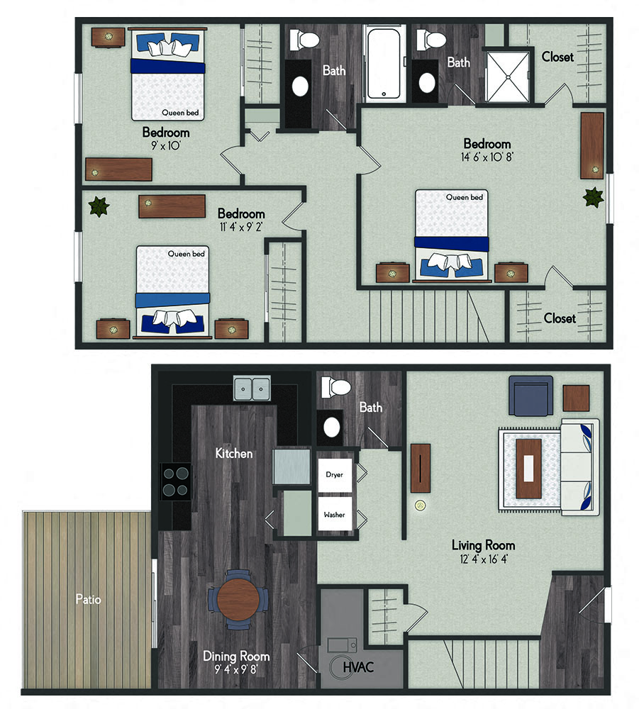 Floor plan for 3 beds, 2.5 baths, 1200 sqft